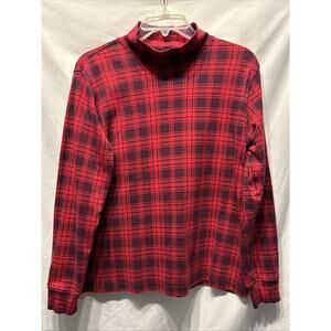 LANDS' END Women’s Medium Red Burgundy Plaid Mock Neck Long Sleeve Top